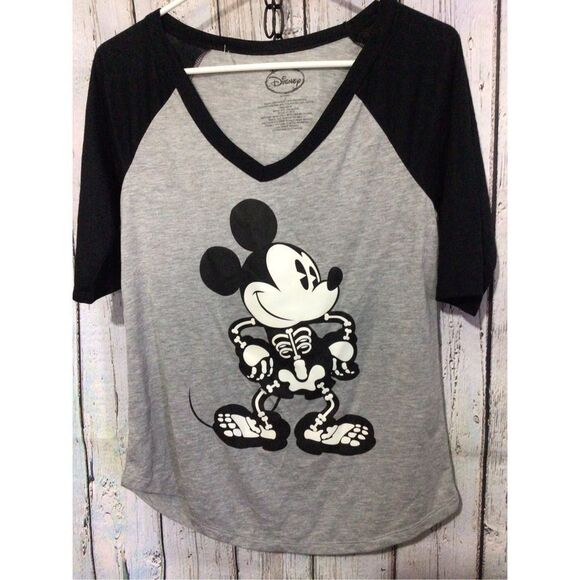 Disney Mickey Mouse Skeleton V Neck Tee Size Large Junior Women’s Gray Blak - Picture 11 of 14